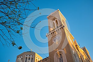 Low angle shot of the Metropolitan Cathedral of the Annunciation in Athens under the blue sky