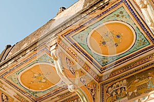 Low-angle shot of oriental paintings on the ceiling in Brihadisvara Temple, Tanjore, Tamil Nadu