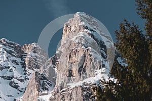 Low angle shot of a part of a mountain range with trees below it in winter