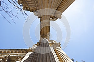 Low angle shot of pillars of the  Palace of Fine Arts on a blue sky background