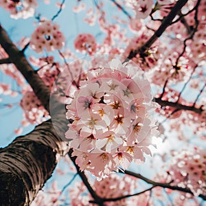 A low angle shot of pink cherry blossoms on blue sky background