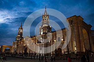 Low angle shot of the Plaza de Armas de Arequipa, Peru