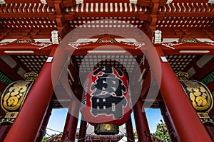 Low angle  shot of the red giant lantern at the gate of Sensoji temple in Asakusa, Tokyo, Japan