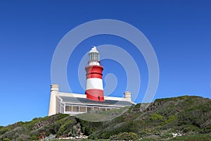 Low-angle shot of the red and white lighthouse on a cliff in Cape Agulhas, South Africa