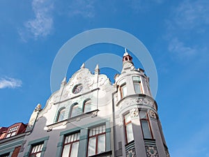 Low angle shot of Reichmann House with neo-Renaissance pediments facade in Tallinn Estonia