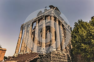 Low angle shot of the Temple of Antoninus and Faustina in Rome, Italy.