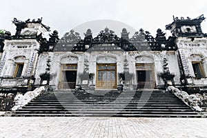 Low angle shot of the Thien Dinh Palace at the Khai Dinh Royal Tomb complex in Hue, Vietnam