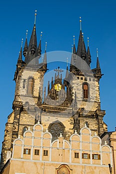 Low angle shot of Tynsky temple in Old Town Square in Prague, Czechia photo