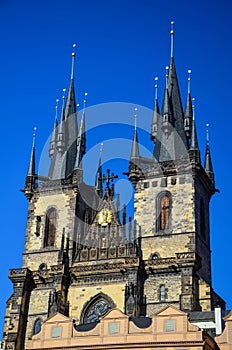Low angle shot of Tynsky temple in Old Town Square in Prague, Czechia