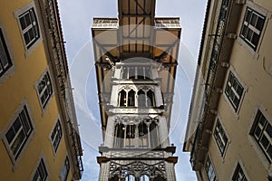 Low-angle shot of the upper part of the Santa Justa Elevator. Lisbon.