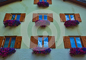 Low angle shot of wooden windows decorated with pink and purple flowers