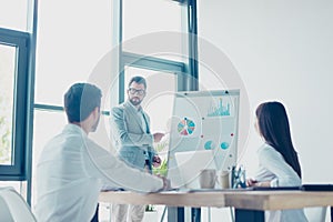 Low angle shot of a young smart brunet bearded manager in spectacles, reporting to the team of colleagues with the flip chart.