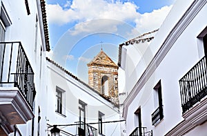 Low angle of the town of Vejer de la Frontera, route of the white villages of Cadiz, Andalusia photo
