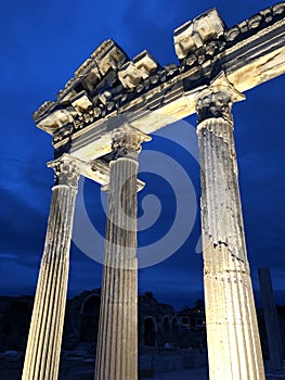 Low angle vertical shot of the amazing Apollon Temple in Turkey