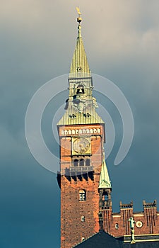 Low angle vertical shot of Copenhagen City Hall tower