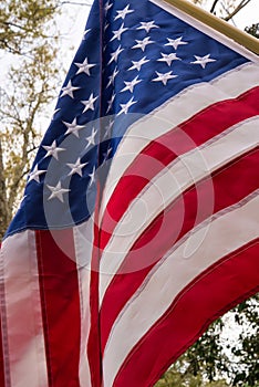 Low angle view of an American flag.