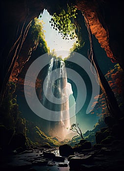 Low Angle View of Angel Falls Waterfall of Landscape Background AI Generative