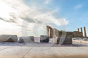 Low angle view of antique remains of the acropolis of Lindos