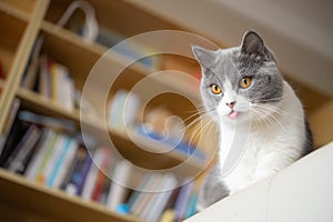 Low angle view of british shorthair cat in front of a books shelf