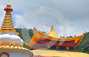 Low angle view of Buddhist temple roof in Rewalsar lake Mandi, Himachal Pradesh, India