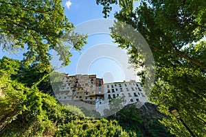 Low angle view buildings on the cliff edge Cuenca Spain