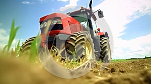 A low angle view capturing the speed and efficiency of a tractor, cultivation of fertile land.