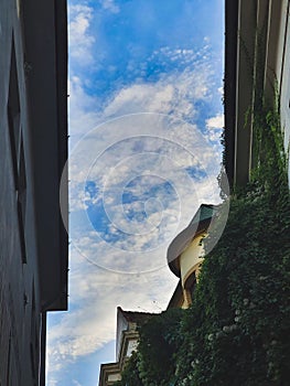 Low angle view of castle Bratislava under blue bright sky