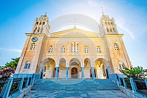 Low angle view of the church at susnet time, Lefkes