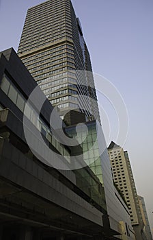 A low angle view of city sky scrapers