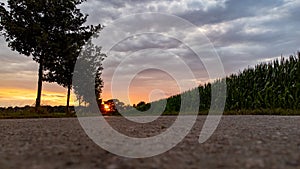 Low angle view of a country road under a dramatic colorful sunset sky. Beautiful Evening Sky Above Rural Landscape With