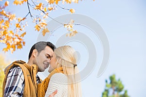 Low angle view of couple kissing against clear sky during autumn