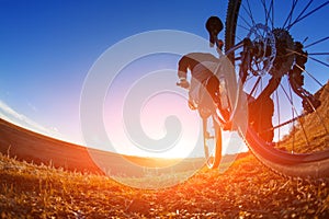 Low angle view of cyclist standing with mountain bike on trail at sunset