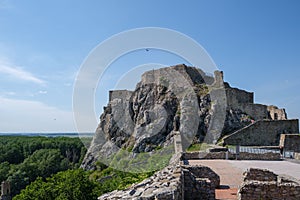 Low-angle view of Devin Castle in Bratislava, Slovakia