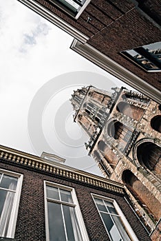 Low angle view of Dom Tower in historic centre of Utrecht