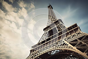 Low angle view of Eiffel tower in Paris on a sunny day