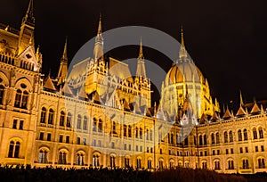 Low angle view of the famous Hungarian parliament building in Budapest at night