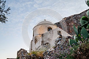 Low Angle View of Historic Byzantine Christian Church from Medieval Times. Great Architectural Landmark in Monemvasia, Greece