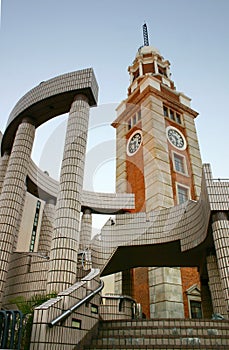 Low Angle View Of Hong Kong landmark, ancient Clock Tower of train station relic in Tsim Sha Tsui TST, Year 2003 rare photo