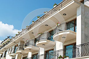 Low angle view of hotel balconies