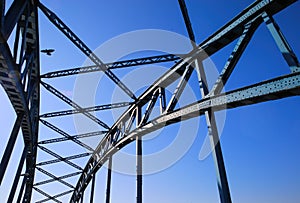 Low angle view on isolated symmetrical industrial steel bridge deck against blue sky with cross struts and metal beams focus on
