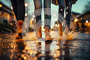 Low angle view of kids feet running in the puddle after rain