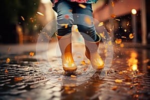 Low angle view of kids feet in a yellow color rain boots