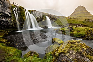 Low angle view of Kirkjufellsfoss