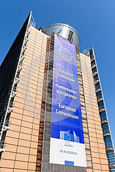 Low angle view of the large banner on the building of the European Commission in Brussels, Belgium