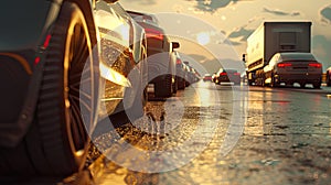 a low-angle view of a line of cars and a truck on the highway, showcasing the dynamic motion and scale of the vehicles.