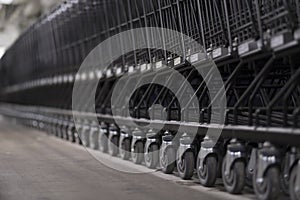 Low angle view of line trolley shopping cart in the car park area.