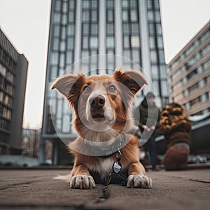 low angle view of lying dog with owner in a big city downtown street. In the background buildings and skyscreapers photo
