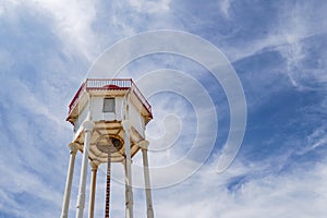 Low angle view of maritime lighthouse at Port Vendres with amazing cloudy blue sky