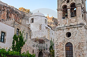 Low Angle View of a Medieval Byzantine Church and Stone Ãâelfry Tower in Monemvasia Island, Peloponnese, Greece