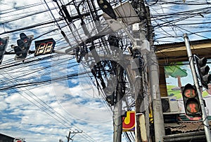 Low angle view of a messy cables from the city